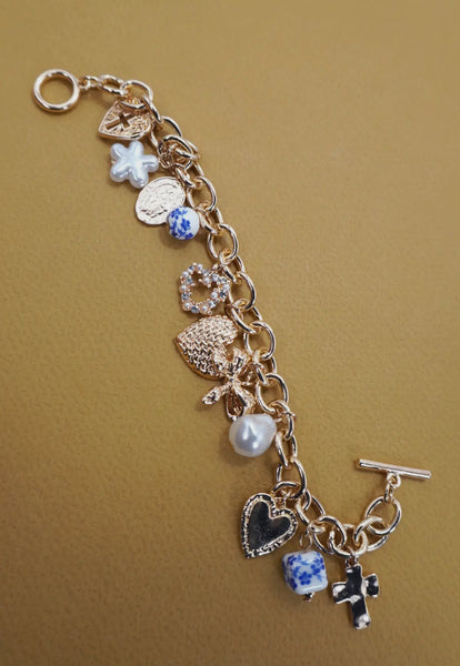 Bow Heart Pearl Charm Bracelet