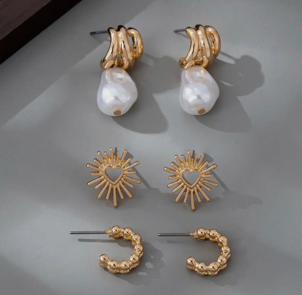 Blazing Heart Pearl Trio Earrings