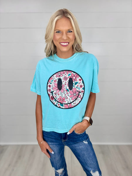 Foral Smiley Cropped Tee